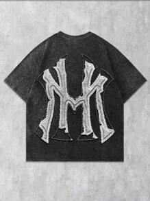 ROMWE Grunge Punk Camiseta Casual Solta de Gola Redonda com Aplicação de Letra para Homens no Verão