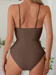 Swim Chiccia 女士纯色环链肩带连体泳衣，时尚度假装 - 棕色 - 查看 2