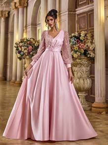 Glamrae Elegant Sheer Long Sleeve Beaded Sequin Patchwork Satin Maxi Dress With Detachable Belt, Suitable For Wedding, Party, Vacation, Graduation, Prom, Mother Of The Bride, Wedding Guest Dress, Formal Dress, Evening Dress, Gown - Pink - View 6
