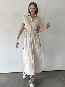 DAZY 2pcs/Set Women Solid Drawstring Shirt Top And Elastic Waist Pocket Skirt - Beige - View 4