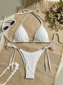 SHEIN Swim 2 件/套极简主义特殊面料蝴蝶装饰细肩带吊带上衣和侧系带三角短裤 - 彩色 - 查看 1