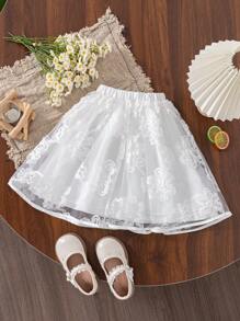 Young Girls Elegant Embroidery & Crochet Lace Net A-Line Elastic Waist Skirt - White - View 1