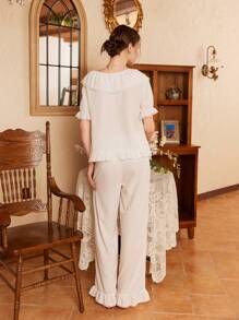Côtesoire Conjunto de pijama de mujer con encaje francés, patchwork y volantes en el bajo - Blanco - Ver 2