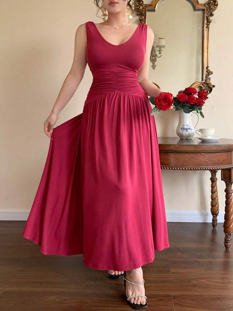 Plain V-Neck Ruched Sleeveless Mid-Calf Dress For Women Sundress Red Women Dresses Prom Dress Elegant Women Dresses Maxi Dress