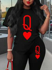 Maweii 2 件套加大码字母与心形印花圆领短袖上衣和长裤 - 黑色 - 查看 3