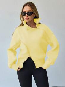 Hanevo Women's Lantern Sleeve Zip-Up High Neck Fleece Sweatshirt,Graduation,Teacher,Back To School Pullover Fall - Yellow - View 3