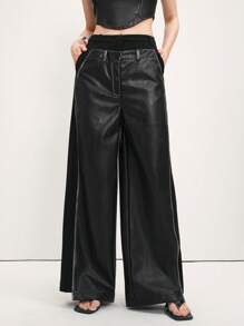 SHEIN LUNE Pantalones de cintura alta y pierna ancha con diseño de empalme de piel sintética para mujeres, casuales y versátiles - Negro - Ver 6