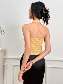 EastFlair 女士前系带休闲露背格纹印花上衣 - 黃色 - 查看 6