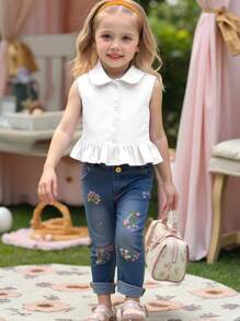 SHEIN Leap Crew 2pcs/Set Young Girl Casual Collared Sleeveless Ruffled Shirt And Pants Suit