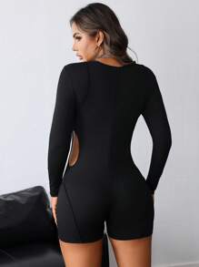 INAWLY 女士纯色长袖连身裤 - 黑色 - 查看 2