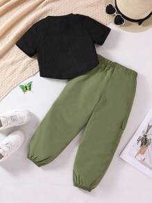Tinuta la moda pentru fete tinere de 2 buc - tricou cu maneca scurta si set pantaloni lungi cu buzunare multiple, costum versatil casual pentru calatorii si vacanta de vara