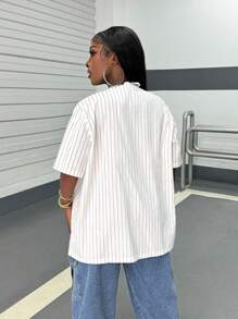 SHEIN Slayr Plus Size Women Letter & Stripe Print Single Button Casual Loose Jacket - White - View 2