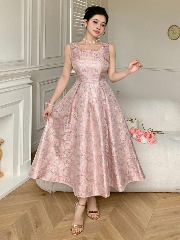 Floral Print Sleeveless Square Neck Dress For Women Maxi Dress