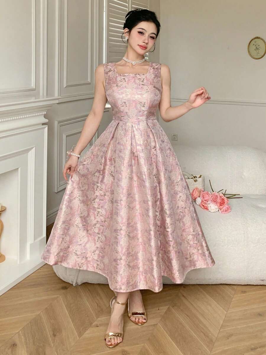 DAZY 女士印花无袖方领连衣裙/长款连衣裙 - 粉色 - 查看 1