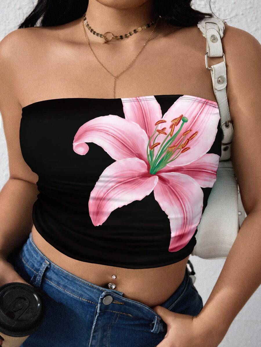INAWLY Plus Size Summer Y2K Curve Lily Flowers Print Graphic Tube Top - Multicolor - View 1