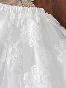 Young Girls Elegant Embroidery & Crochet Lace Net A-Line Elastic Waist Skirt - White - View 4