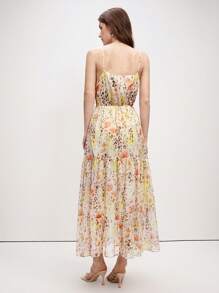 EMERY ROSE Vestido Longo Modelador de Figura Estilo Resort Francês "Tea Break", Vestido Camisete Fluido Amarelo com Estampa Floral Miúda para Praia - Multicolorido - Visão 4