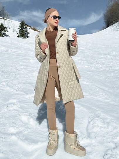 EURMUSE Women Solid Color Belted Detailed Quilted Style Long Winter Coat Women Work Outfits Winter Outfits For Women Women Club Outfits Women S Clothes Winter Clothes For Women Women Winter Clothes Long Winter Coat For Women Quilted Winter Coat Winter Outerwear Women Womens Snow Boots