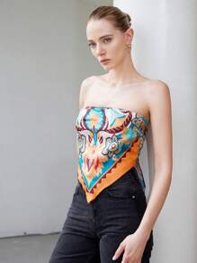 SHEIN Privé 女士春夏橙色波西米亚风印花挂脖上衣 - 彩色 - 查看 6