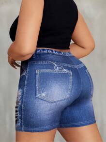 SHEIN LUNE Plus Size Women Summer Shorts, Seamless Denim Effect Print Athletic Hotpants - Multicolor - View 2