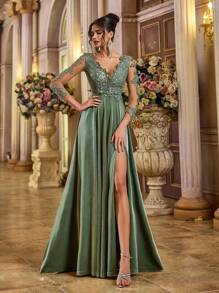 Aureia Elegante vestido de noche de seda con escote en V, manga larga, apliques y bloqueo de color, abertura alta, para fiestas, bodas, eventos formales