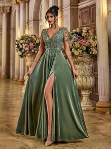 Aureia Elegante vestido de noche de seda con escote en V, manga larga, apliques y bloqueo de color, abertura alta, para fiestas, bodas, eventos formales