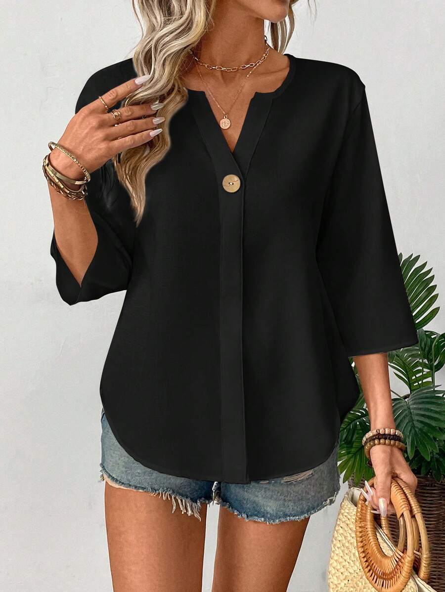SHEIN LUNE Women's Commuter Minimalist V-Neck 3/4 Sleeve Blouse