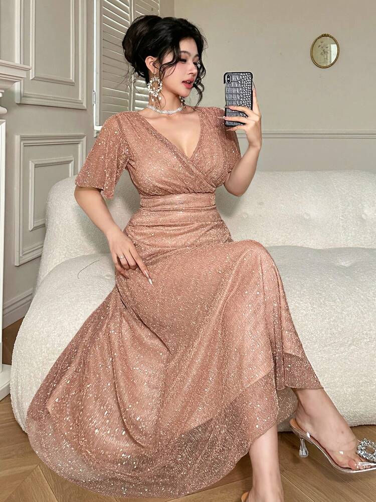 Mid-Length V-Neck Flare Sleeve Pleated Sequin Embellished Women's Dress Party Women Sundress Homecoming Dresses Luxury Prom Dress Sparkly Dress Maxi Dress