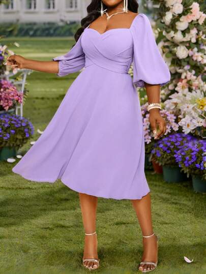 SHEIN Lady Plus Size Solid Color Long Sleeve Dress, Minimalist And Fashionable, Suitable For Summer Easter Dress Women Graduation Dress Wedding Guest Dress Women Wedding Guest Dress Women Business Casual Woman