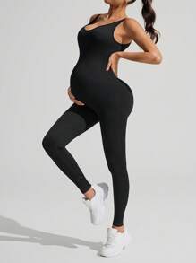 SHEIN 孕妇纯色无袖休闲健身连体裤 - 黑色 - 查看 7