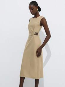 Aveloria Modichic فستان نسائي طويل من تصميم عالي الجودة، قبة دائرية ، بلا أكمام، خطوط بيج اللون ،منطقة الخصر مزينة بطيات وحزام جلدي ، لارتداء اليومي والخروج، بطراز رجعي - كاكي - مشاهدة 4