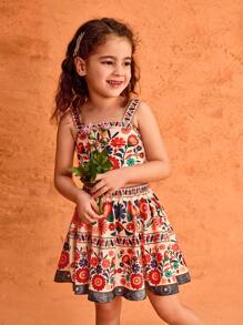 SHEIN 年轻女孩夏季可爱花卉印花细肩带吊带背心和松紧腰裙套装