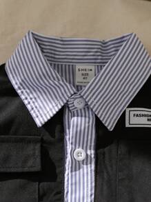 SHEIN Young Boy Striped Long Sleeve Single-Breasted Jacket - Black - View 8