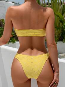 SHEIN Swim Women's Solid Color Twist Front Removable Pad Bandeau Bikini Set, Sexy Beach Swimwear Wireless - Yellow - View 2