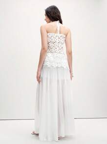EMERY ROSE New Classical Deep V Neck Backless Hollow Out Lace Patchwork Pleated Chiffon Dress - White - View 2