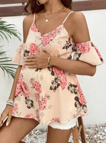 SHEIN Boho Maternity Ditsy Floral Woven Fabric Blouse With Cold Shoulder And Ruffle Hem Detail - Pink - View 4