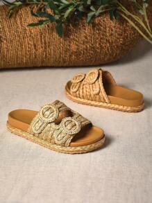 SHUZIA Sandalias de plataforma plana de rafia para damas - Beis - Ver 4