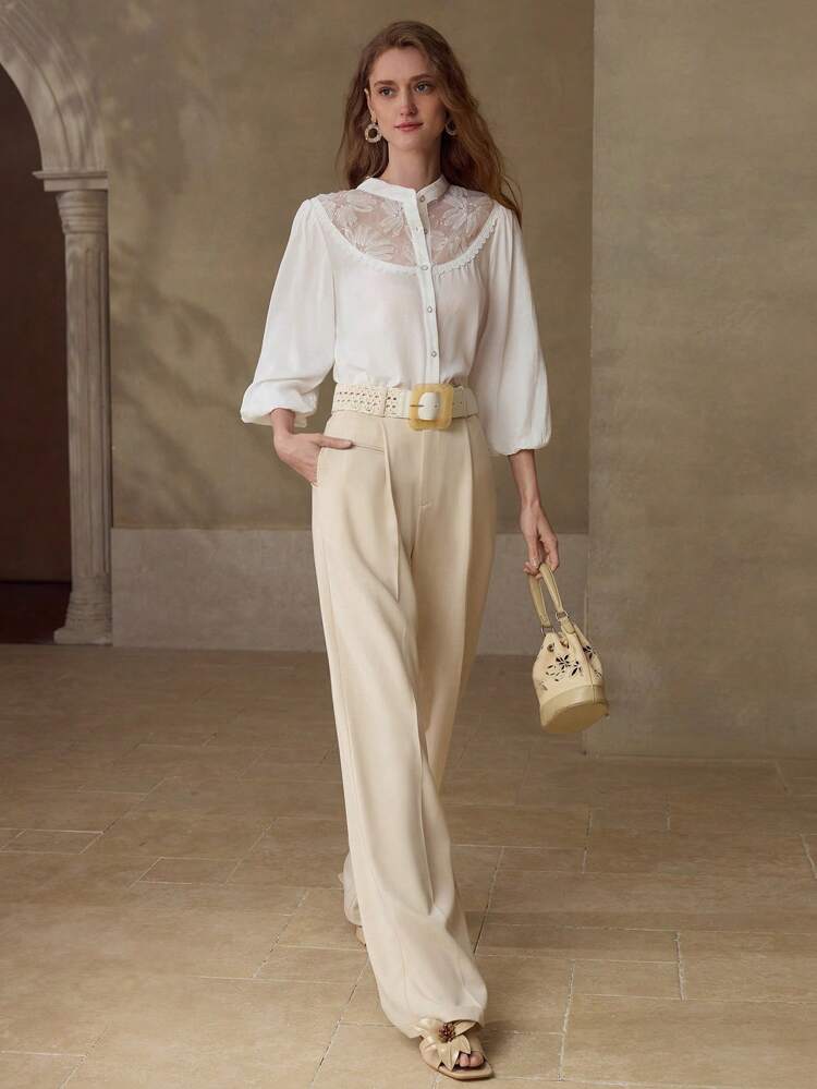 LINEN CONTRAST GUIPURE LACE TOP