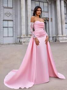 Glamrae 优雅露肩撞色蕾丝拼接领口奢华缀饰透视长袖美人鱼可拆卸超大垂坠尾（二合一）高级定制婚纱，新娘 - 淺粉色 - 查看 4