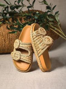 SHUZIA Sandalias de plataforma plana de rafia para damas - Beis - Ver 1