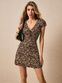 Poéselle 女士夏季假日碎花 V 领盖袖连衣裙女士连衣裙女士迷你连衣裙、花裙、狂欢节服装、女士夏季连衣裙 - 彩色 - 查看 4