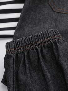 SHEIN 3 件套年轻男孩复古美式夏季韩版时尚宽松设计独特牛仔衬衫 + 纯白牛仔 T 恤 + 休闲牛仔短裤。适合日常穿着、上学、购物、户外运动、旅行、春游、夏令营、度假等场合 - 黑色 - 查看 5