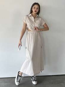 DAZY 2pcs/Set Women Solid Drawstring Shirt Top And Elastic Waist Pocket Skirt - Beige - View 1