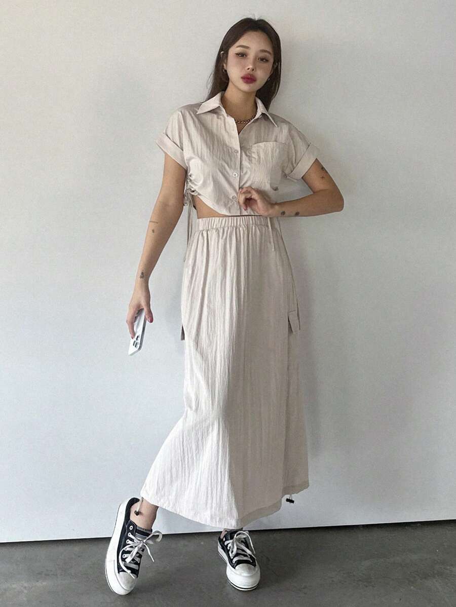 DAZY 2pcs/Set Women Solid Drawstring Shirt Top And Elastic Waist Pocket Skirt - Beige - View 1