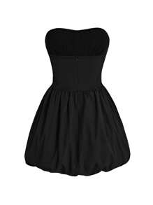Women's Black Bowknot Decor Puff Hem Tube Dress - Black - View 2