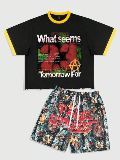 Prep Men's Jersey Loose Cropped Patchwork & Colorblock Print T-Shirt Set