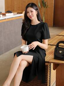 DAZY Summer Elegant Solid Color Round Neck Tie Waist Women's Mid-Length Dress Elegant Sundress - Black - View 1