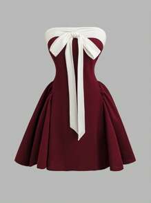 Flirla Váy peplum không tay chắp vá màu sắc ngọt ngào cỡ lớn - Màu Đỏ Sâu - Xem 1