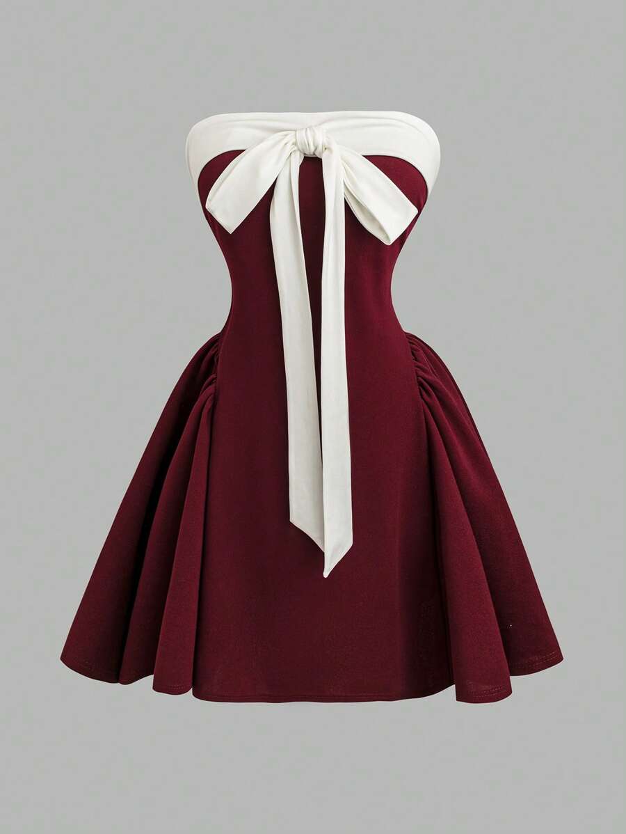 Flirla Váy peplum không tay chắp vá màu sắc ngọt ngào cỡ lớn - Màu Đỏ Sâu - Xem 1