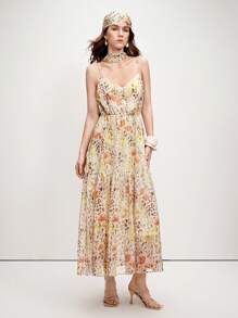 EMERY ROSE Vestido Longo Modelador de Figura Estilo Resort Francês "Tea Break", Vestido Camisete Fluido Amarelo com Estampa Floral Miúda para Praia - Multicolorido - Visão 5